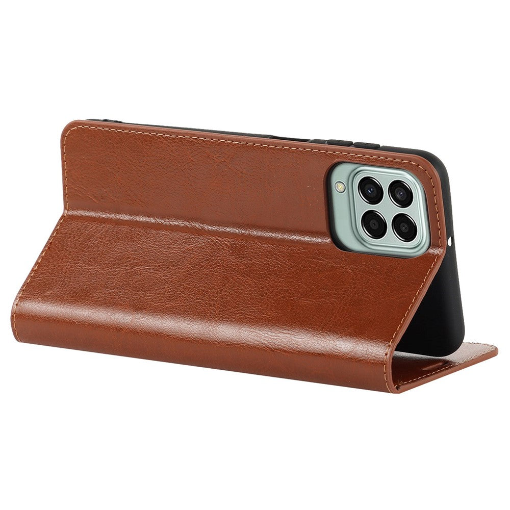 For Samsung Galaxy M53 5G Shockproof Genuine Leather Flip Cover Crazy Horse Texture Wallet Viewing Stand Magnetic Absorption Shell - Light Brown
