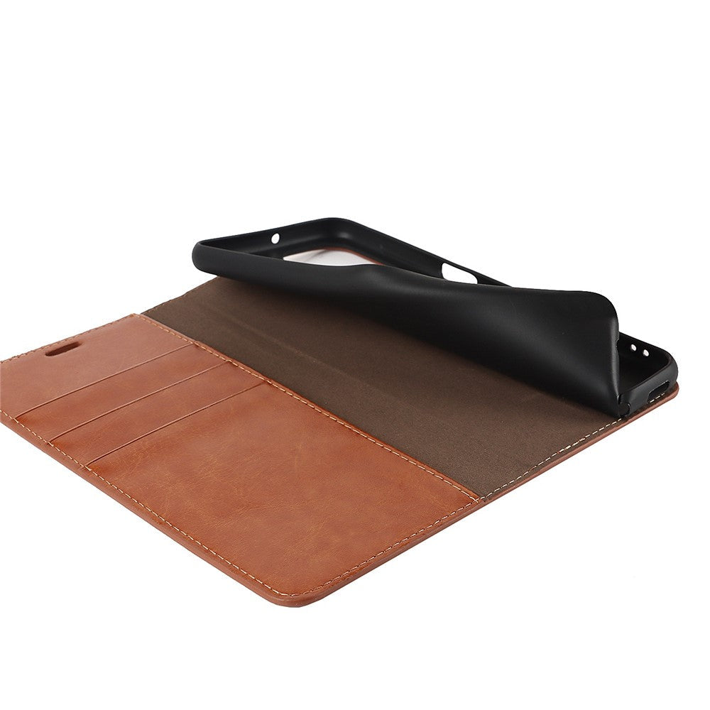 For Samsung Galaxy M53 5G Shockproof Genuine Leather Flip Cover Crazy Horse Texture Wallet Viewing Stand Magnetic Absorption Shell - Light Brown