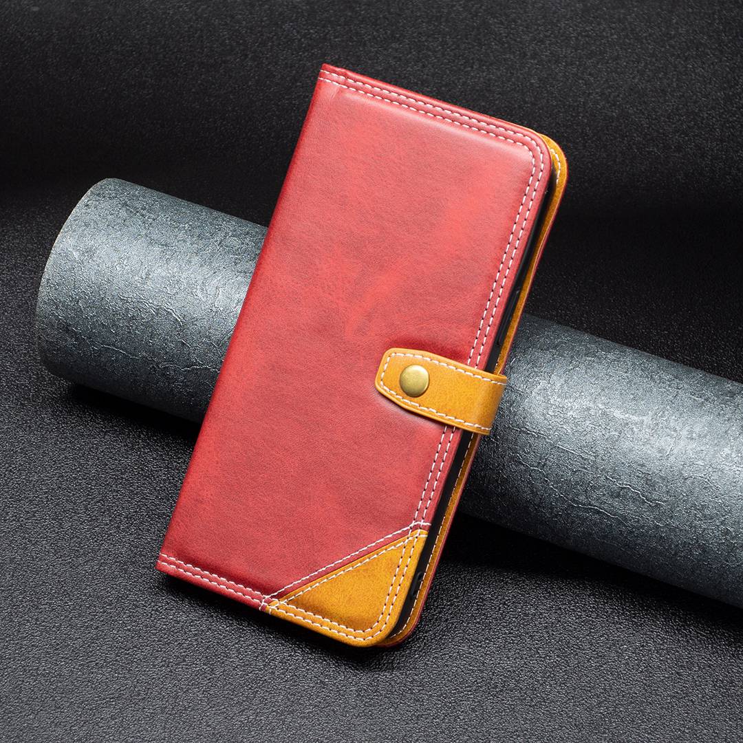 BINFEN COLOR BF Leather Series-8 for Samsung Galaxy S20 Ultra 12 Style Double Stitching Lines Splicing Leather Phone Case Card Holder Stand Anti-wear Cover - Red