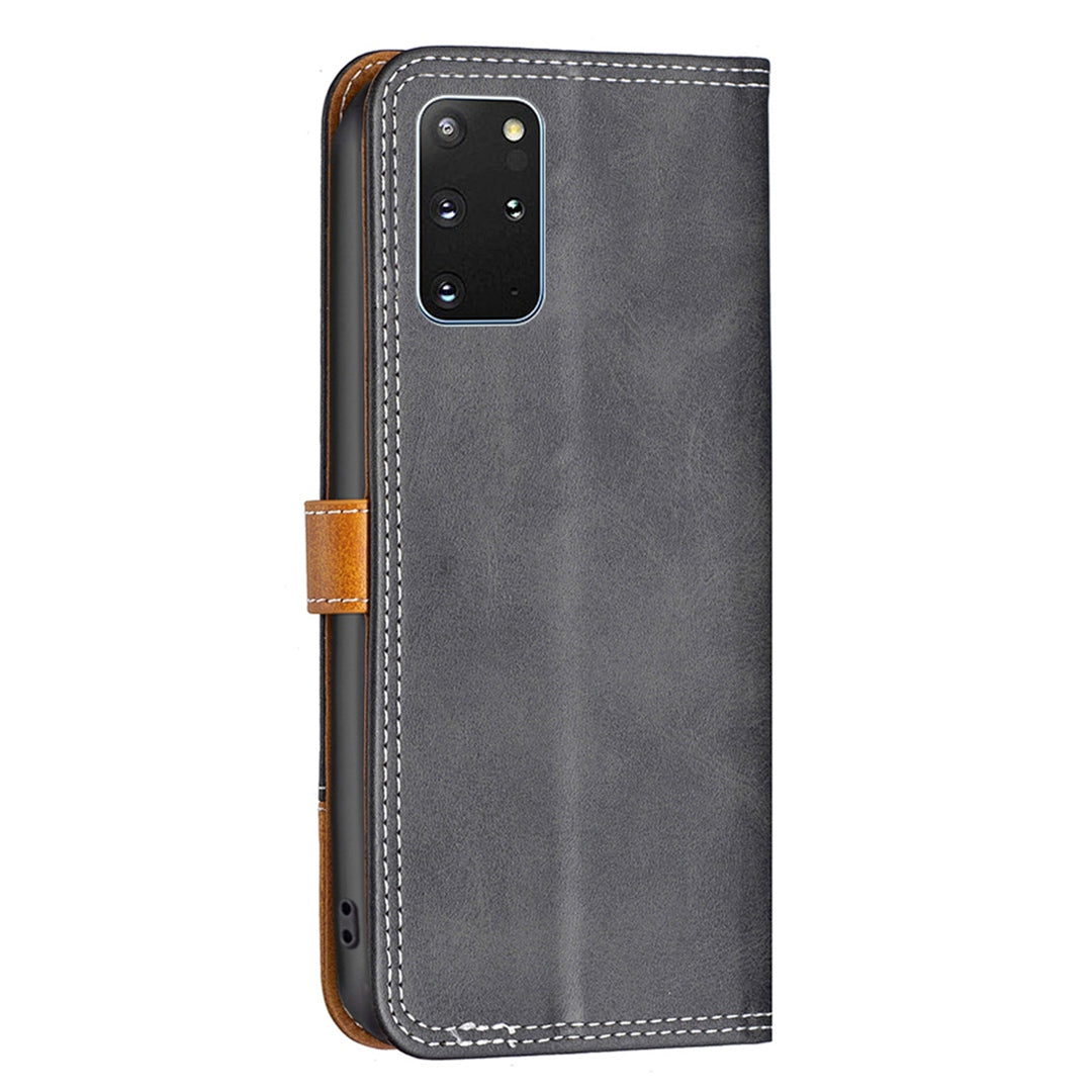 BINFEN COLOR BF Leather Series-8 for Samsung Galaxy S20 Plus 5G/4G Ultra Slim Shockproof Phone Cover 12 Style Double Stitching Lines Splicing Leather Case Card Holder Stand - Black
