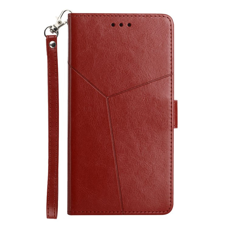 For Samsung Galaxy M13 4G Imprinted Y-Shaped Lines Wallet Stand Case PU Leather Soft TPU Protective Cover with Strap - Brown