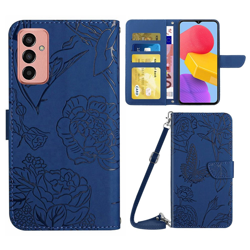 For Samsung Galaxy M13 4G Stand Wallet Phone Case PU Leather Butterfly Flowers Imprinting Skin-touch Protective Cover with Shoulder Strap - Blue