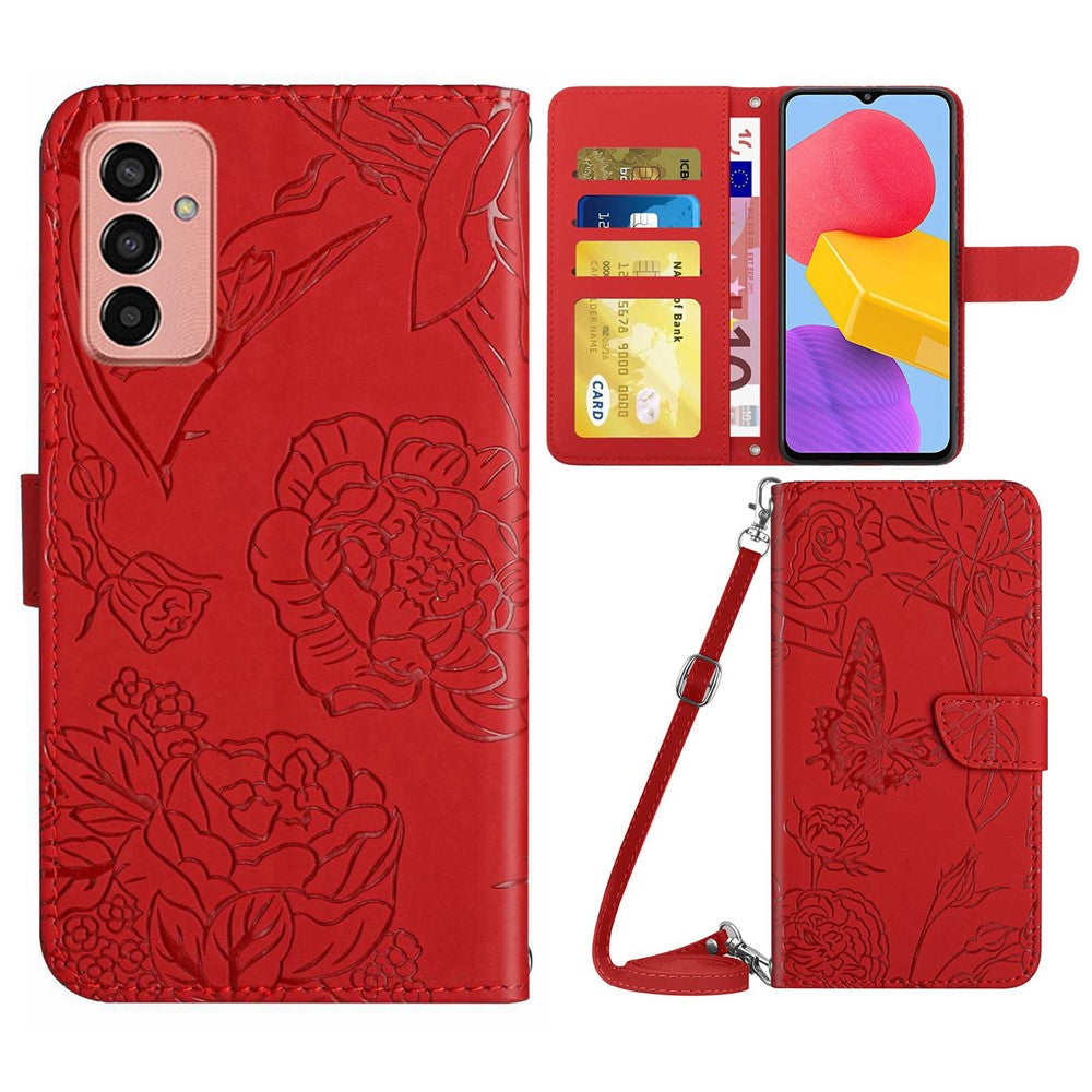 For Samsung Galaxy M13 4G Stand Wallet Phone Case PU Leather Butterfly Flowers Imprinting Skin-touch Protective Cover with Shoulder Strap - Red