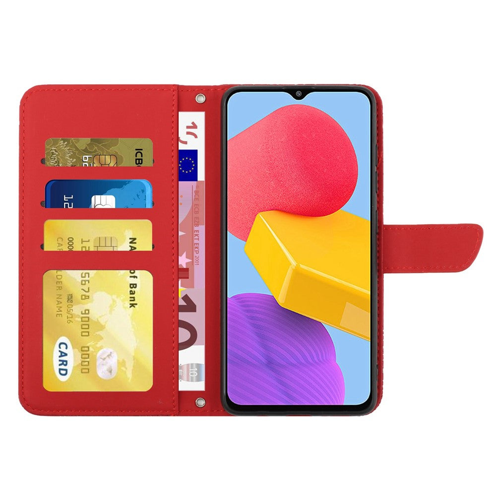 For Samsung Galaxy M13 4G Stand Wallet Phone Case PU Leather Butterfly Flowers Imprinting Skin-touch Protective Cover with Shoulder Strap - Red