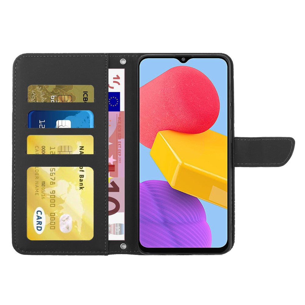 For Samsung Galaxy M13 4G Butterfly Flowers Imprinted Rhinestone Decor Phone Cover Wallet Stand Well-protected Leather Case with Shoulder Strap - Black
