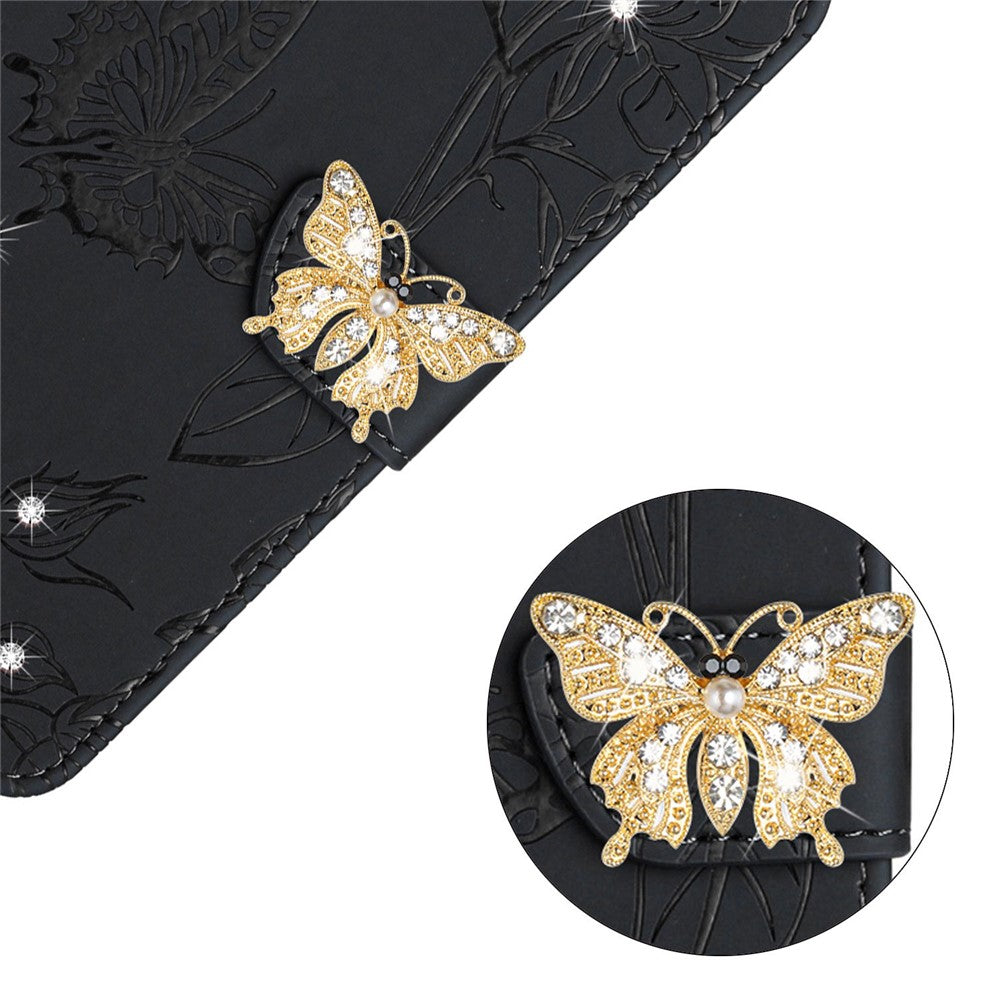 For Samsung Galaxy M13 4G Butterfly Flowers Imprinted Rhinestone Decor Phone Cover Wallet Stand Well-protected Leather Case with Shoulder Strap - Black