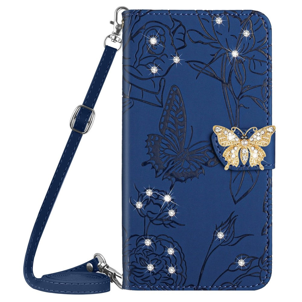 For Samsung Galaxy M13 4G Butterfly Flowers Imprinted Rhinestone Decor Phone Cover Wallet Stand Well-protected Leather Case with Shoulder Strap - Blue