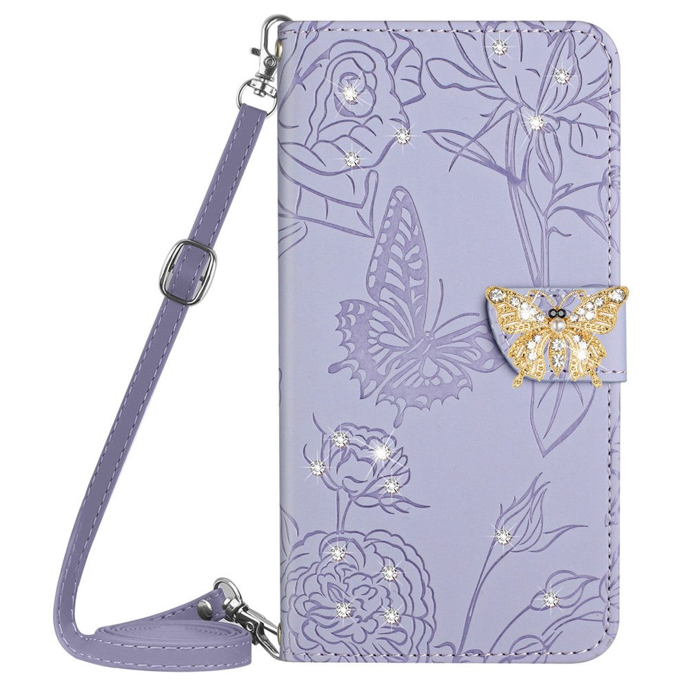 For Samsung Galaxy M13 4G Butterfly Flowers Imprinted Rhinestone Decor Phone Cover Wallet Stand Well-protected Leather Case with Shoulder Strap - Light Purple