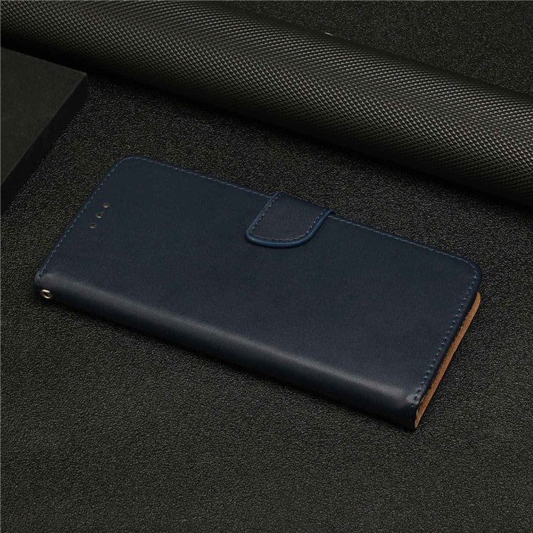 For Samsung Galaxy A23e HT02 Solid Color Wallet Phone Case Nappa Texture Genuine Leather Stand Magnetic Closure Flip Folio Cover - Blue
