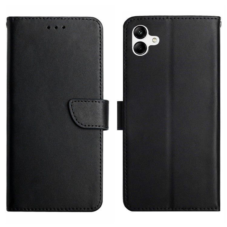 HT02 Nappa Texture Genuine Leather Case for Samsung Galaxy A04 4G (164.4 x 76.3 x 9.1 mm), Magnetic Clasp Phone Wallet Stand Folio Flip Cover - Black