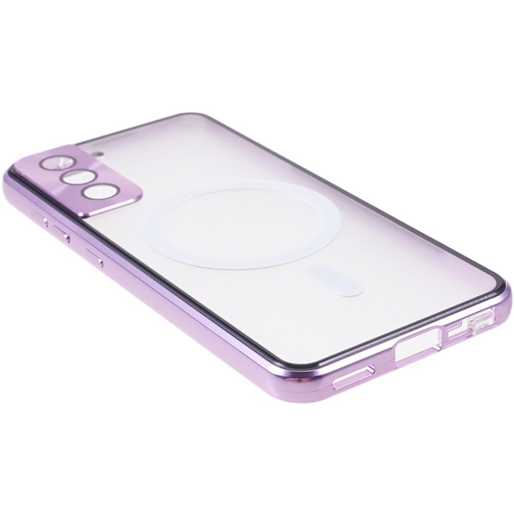 For Samsung Galaxy S22 5G Magnetic Metal Frame Phone Case Tempered Glass Back Frosted PC Double-sided Protection Cover - Purple