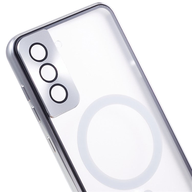 For Samsung Galaxy S21 5G Double-sided Protection Case Magnetic Metal Frame Tempered Glass Back Frosted PC Phone Cover - Silver