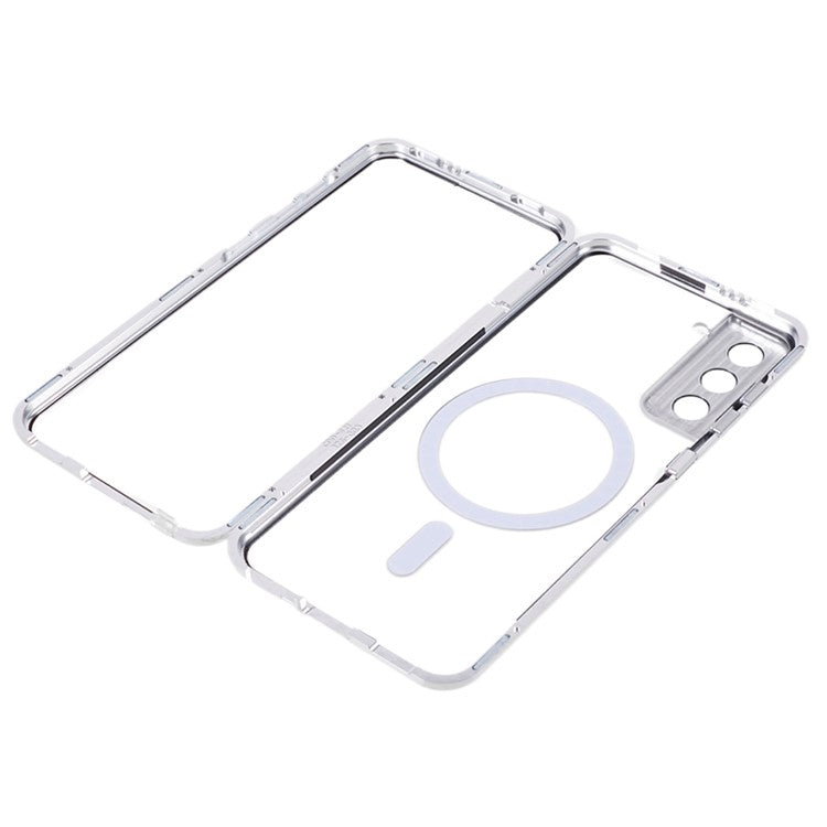For Samsung Galaxy S21 5G Double-sided Protection Case Magnetic Metal Frame Tempered Glass Back Frosted PC Phone Cover - Silver