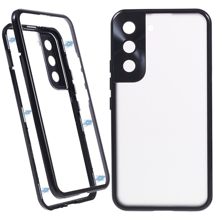 For Samsung Galaxy S22 5G Double Sided Tempered Glass Phone Case Secure Lock Magnetic Metal Frame Clear Cover - Black