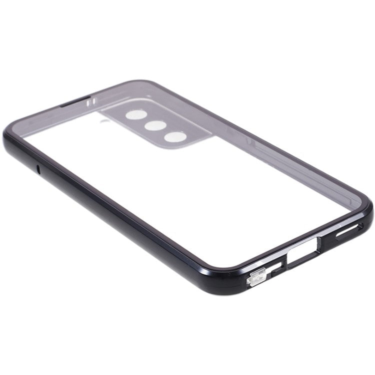 For Samsung Galaxy S22 5G Double Sided Tempered Glass Phone Case Secure Lock Magnetic Metal Frame Clear Cover - Black