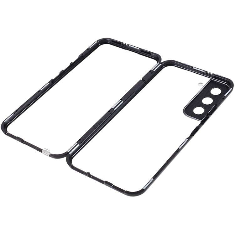 For Samsung Galaxy S22 5G Double Sided Tempered Glass Phone Case Secure Lock Magnetic Metal Frame Clear Cover - Black