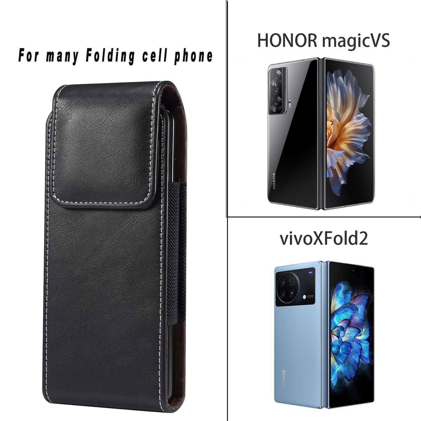 For Honor Magic Vs 5G / vivo X Fold2 Phone Holster Textured Microfiber Leather Belt Loop Waist Bag Vertical Flip Phone Belt Pouch - Black