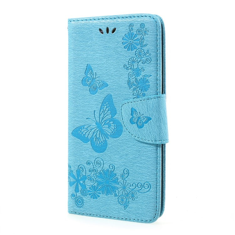 For Samsung Galaxy A3 (2017) Wallet Leather Case with Imprinted Butterfly Flowers - Blue