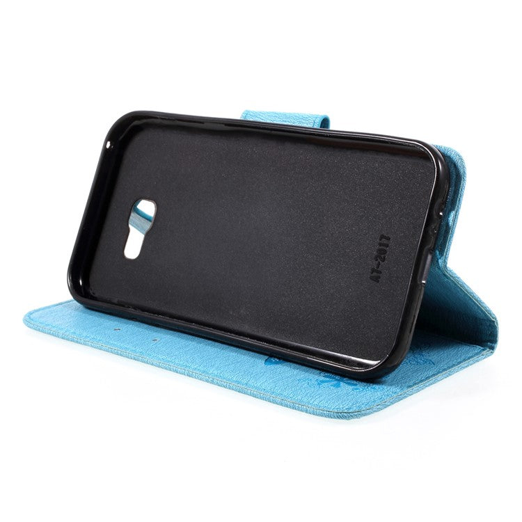 For Samsung Galaxy A3 (2017) Wallet Leather Case with Imprinted Butterfly Flowers - Blue