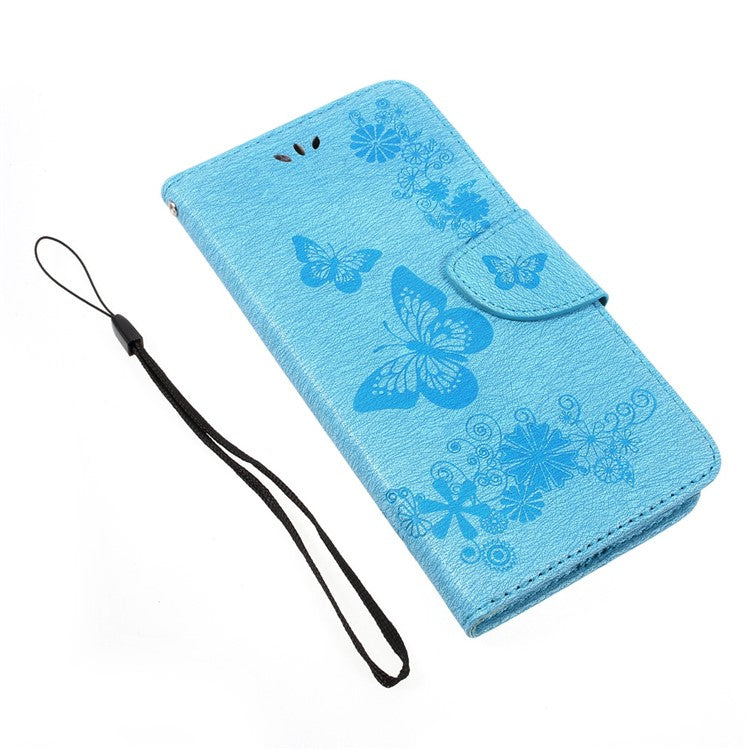 For Samsung Galaxy A3 (2017) Wallet Leather Case with Imprinted Butterfly Flowers - Blue