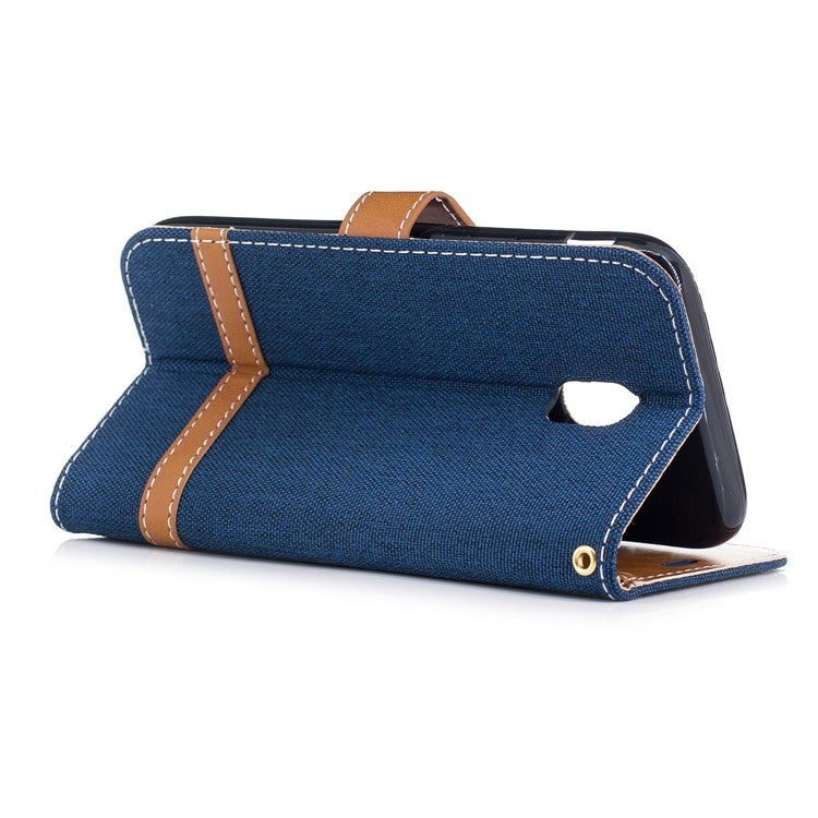 For Samsung Galaxy J3 (2017) EU Version Two-tone Jean Cloth Leather Wallet Stand Case with Card Slots - Dark Blue
