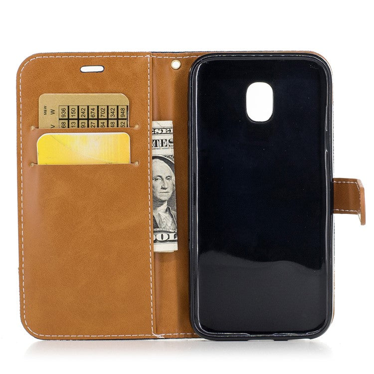 For Samsung Galaxy J3 (2017) EU Version Two-tone Jean Cloth Leather Wallet Stand Case with Card Slots - Dark Blue