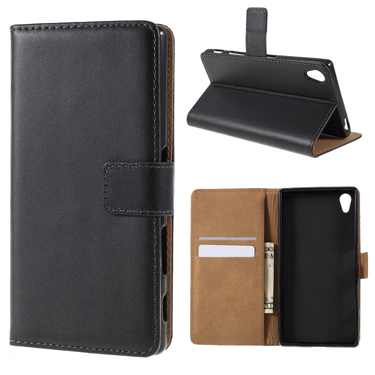 Genuine Split Leather Wallet Case for Sony Xperia Z5 / Z5 Dual - Black