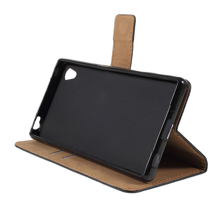 Genuine Split Leather Wallet Case for Sony Xperia Z5 / Z5 Dual - Black