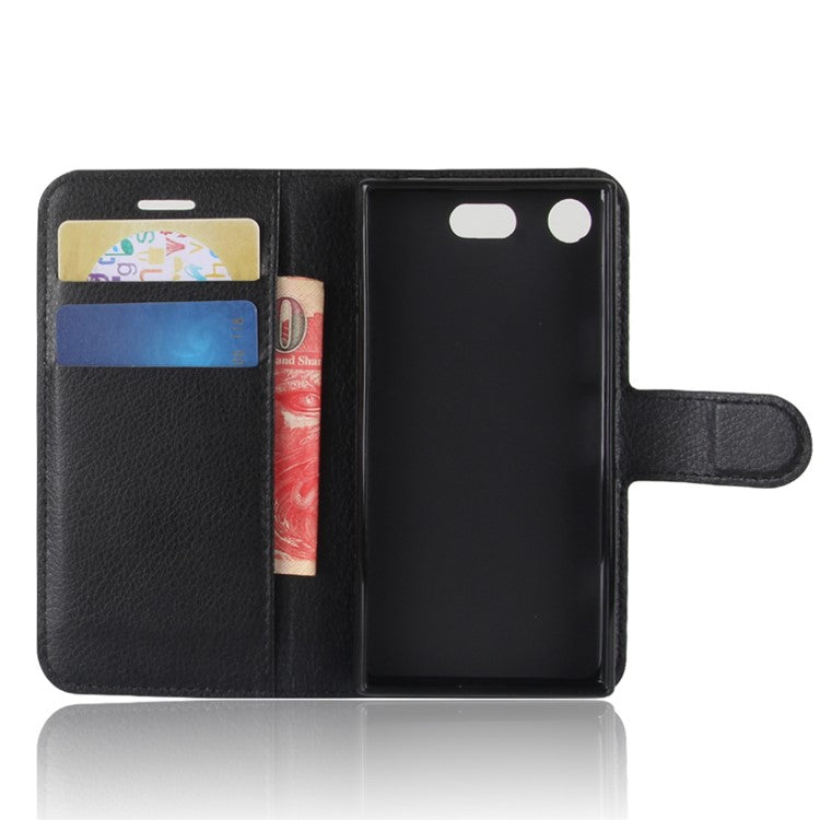 Litchi Grain Card Slots Leather Protective Flip Case Cover for Sony Xperia XZ1 Compact Wallet Stand Phone Case - Black