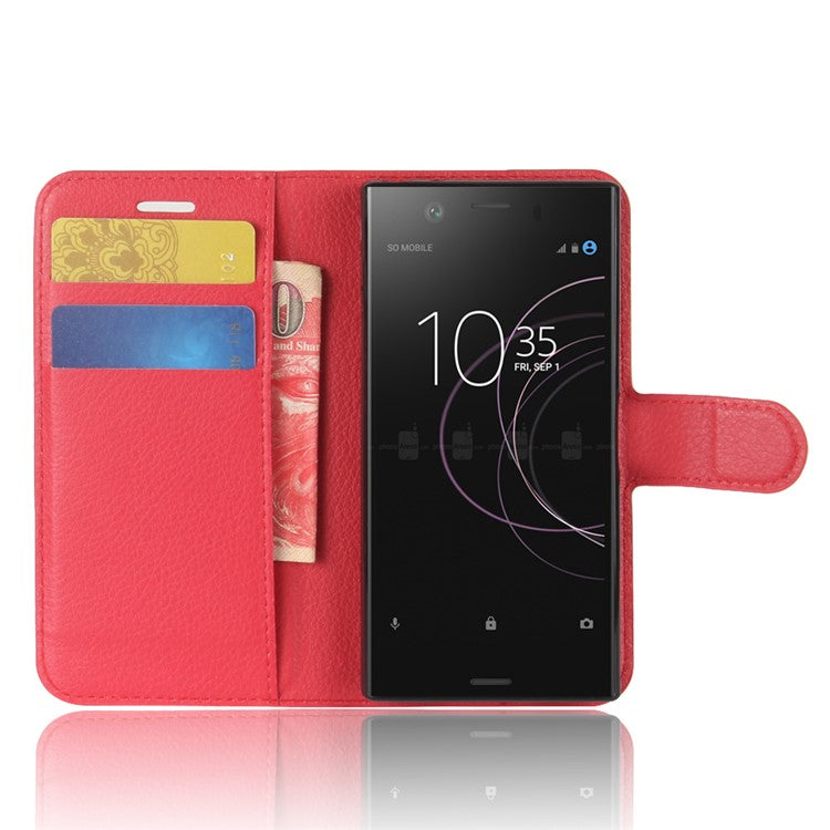Litchi Grain Card Slots Leather Protective Flip Case Cover for Sony Xperia XZ1 Compact Wallet Stand Phone Case - Red