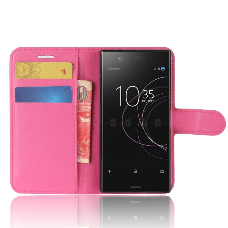 Litchi Grain Card Slots Leather Protective Flip Case Cover for Sony Xperia XZ1 Compact Wallet Stand Phone Case - Rose