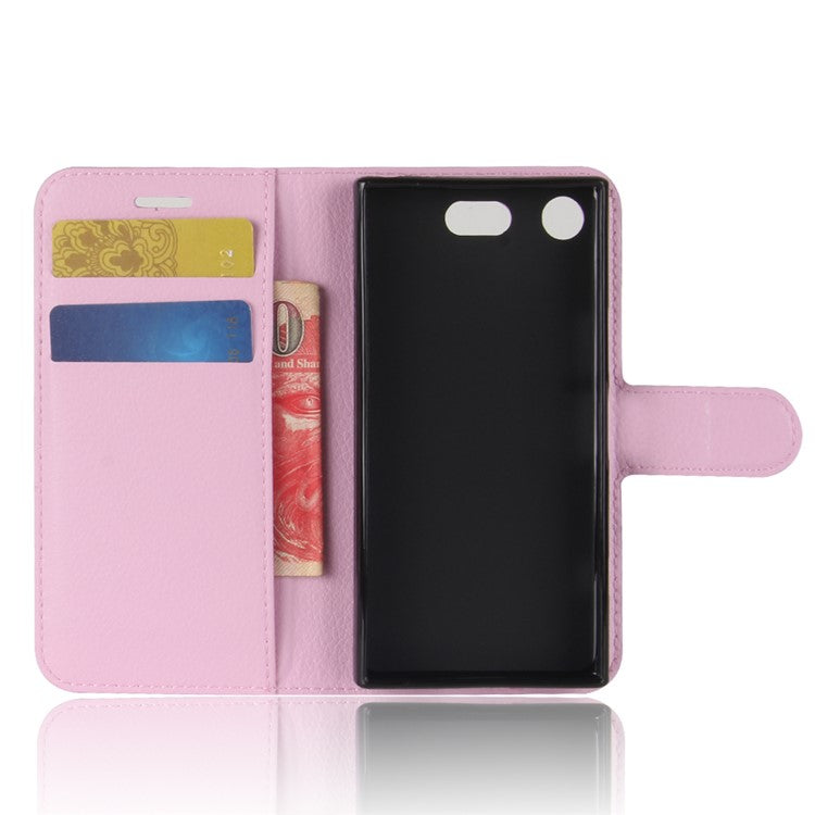 Litchi Grain Card Slots Leather Protective Flip Case Cover for Sony Xperia XZ1 Compact Wallet Stand Phone Case - Pink