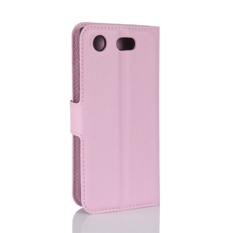 Litchi Grain Card Slots Leather Protective Flip Case Cover for Sony Xperia XZ1 Compact Wallet Stand Phone Case - Pink