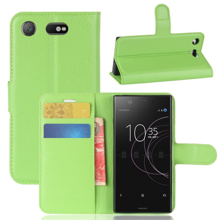 Litchi Grain Card Slots Leather Protective Flip Case Cover for Sony Xperia XZ1 Compact Wallet Stand Phone Case - Green