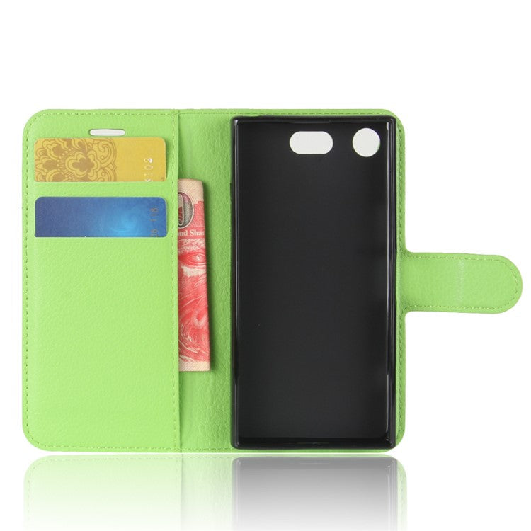 Litchi Grain Card Slots Leather Protective Flip Case Cover for Sony Xperia XZ1 Compact Wallet Stand Phone Case - Green
