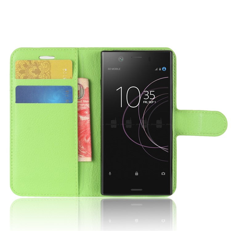 Litchi Grain Card Slots Leather Protective Flip Case Cover for Sony Xperia XZ1 Compact Wallet Stand Phone Case - Green