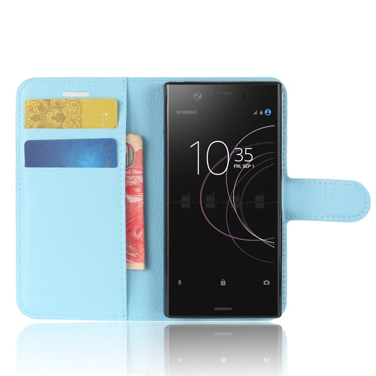 Litchi Grain Card Slots Leather Protective Flip Case Cover for Sony Xperia XZ1 Compact Wallet Stand Phone Case - Baby Blue