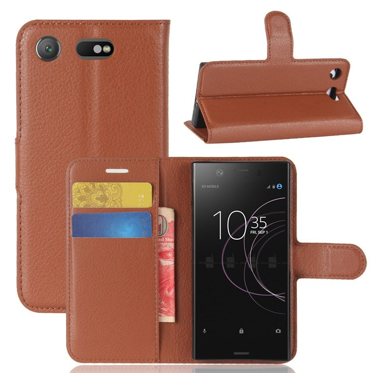 Litchi Grain Card Slots Leather Protective Flip Case Cover for Sony Xperia XZ1 Compact Wallet Stand Phone Case - Brown