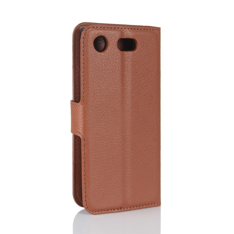 Litchi Grain Card Slots Leather Protective Flip Case Cover for Sony Xperia XZ1 Compact Wallet Stand Phone Case - Brown