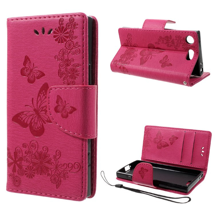 Imprint Butterfly Flower Leather Flip Wallet Stand Phone Case for Sony Xperia XZ1 Compact - Rose