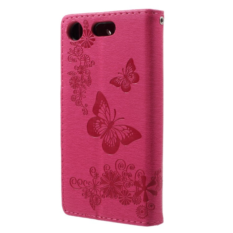 Imprint Butterfly Flower Leather Flip Wallet Stand Phone Case for Sony Xperia XZ1 Compact - Rose