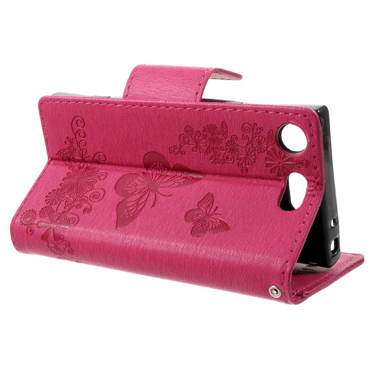 Imprint Butterfly Flower Leather Flip Wallet Stand Phone Case for Sony Xperia XZ1 Compact - Rose