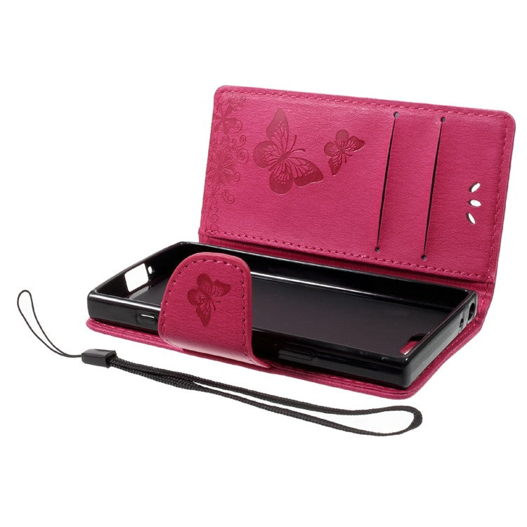 Imprint Butterfly Flower Leather Flip Wallet Stand Phone Case for Sony Xperia XZ1 Compact - Rose