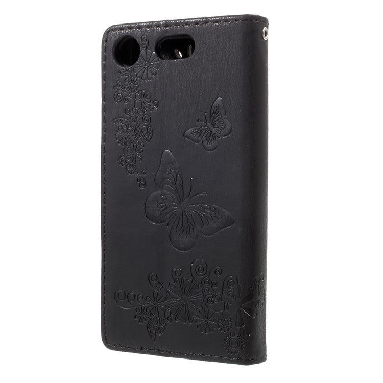 Imprint Butterfly Flower Leather Flip Wallet Stand Mobile Cover for Sony Xperia XZ1 Compact - Black