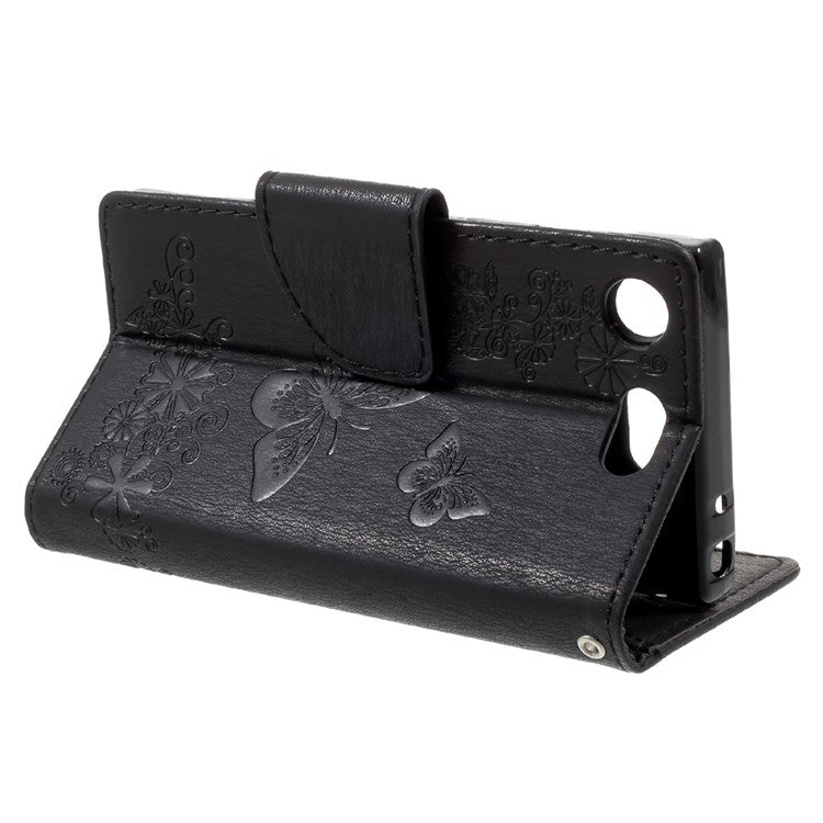Imprint Butterfly Flower Leather Flip Wallet Stand Mobile Cover for Sony Xperia XZ1 Compact - Black
