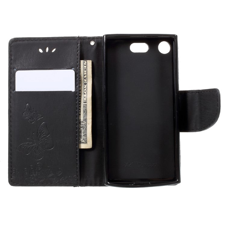 Imprint Butterfly Flower Leather Flip Wallet Stand Mobile Cover for Sony Xperia XZ1 Compact - Black