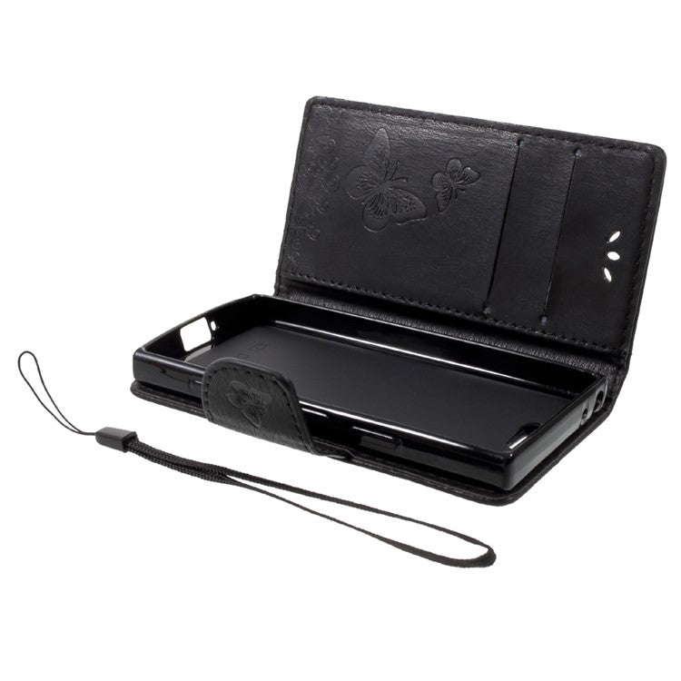 Imprint Butterfly Flower Leather Flip Wallet Stand Mobile Cover for Sony Xperia XZ1 Compact - Black