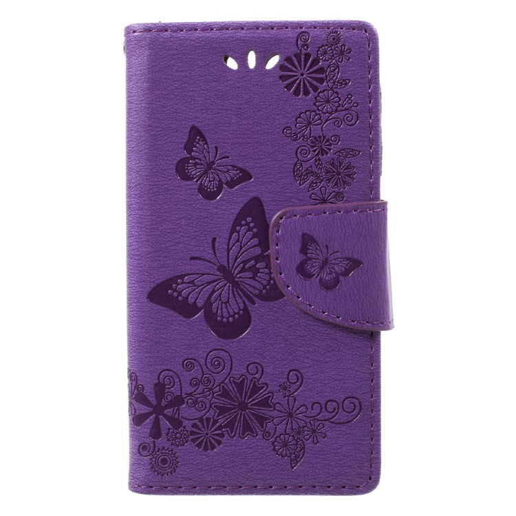 For Sony Xperia XZ1 Compact Imprint Butterfly Flower Leather Flip Wallet Stand Phone Case - Purple