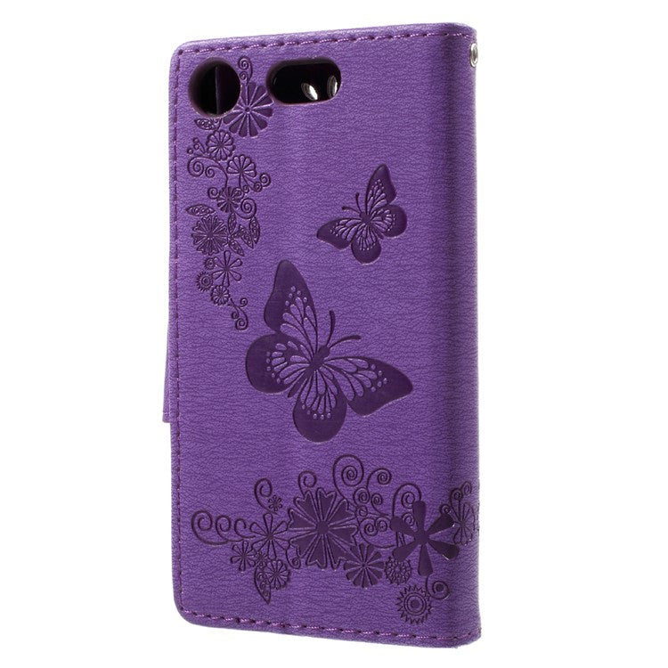 For Sony Xperia XZ1 Compact Imprint Butterfly Flower Leather Flip Wallet Stand Phone Case - Purple
