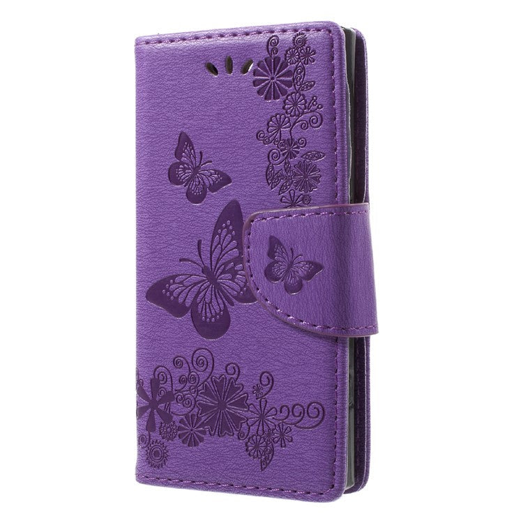 For Sony Xperia XZ1 Compact Imprint Butterfly Flower Leather Flip Wallet Stand Phone Case - Purple